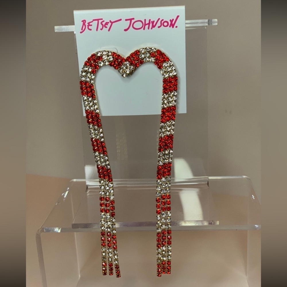 BETSEY JOHNSON Christmas Holiday Crystal-Studded Linear Candy Cane Earrings NWT